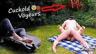 Public Park Wife Sharing - Cuckold Fun with Masturbating Voyeurs